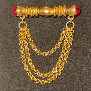 Elegant Gold and Red Chain Dangle Brooch